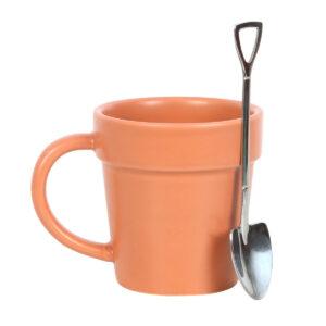 CEuk Plant Pot Ceramic Mug & Shovel Spoon Set 400ml
